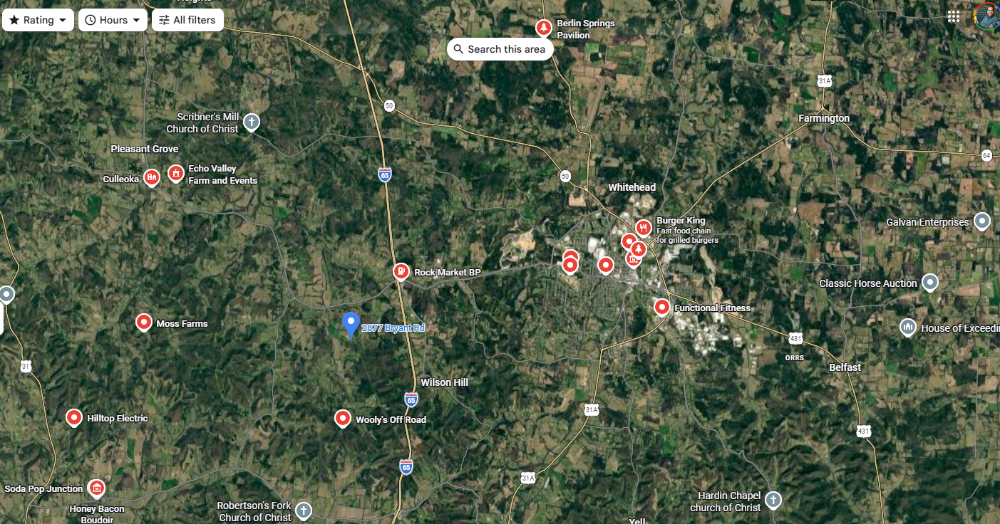 Aerial map showing 2877 Bryant Road in relation to Culleoka, Columbia and Interstate 65